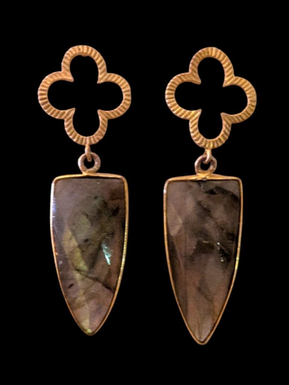925 Sterling Post Gold Tone Labradorite Stone Drop Dangle Stud Earrings 2"